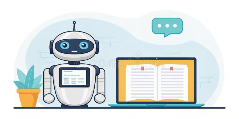Large language model artificial intelligence optimization friendly robot assistant next to laptop and open book stock illustration