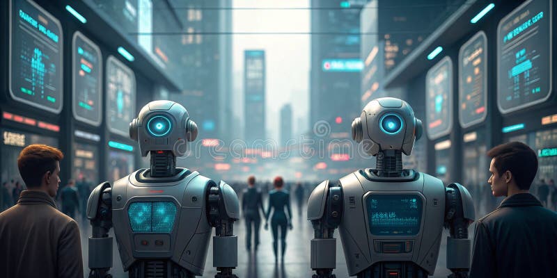 Large language model artificial intelligence optimization futuristic scene with robots and humans in city vector illustration