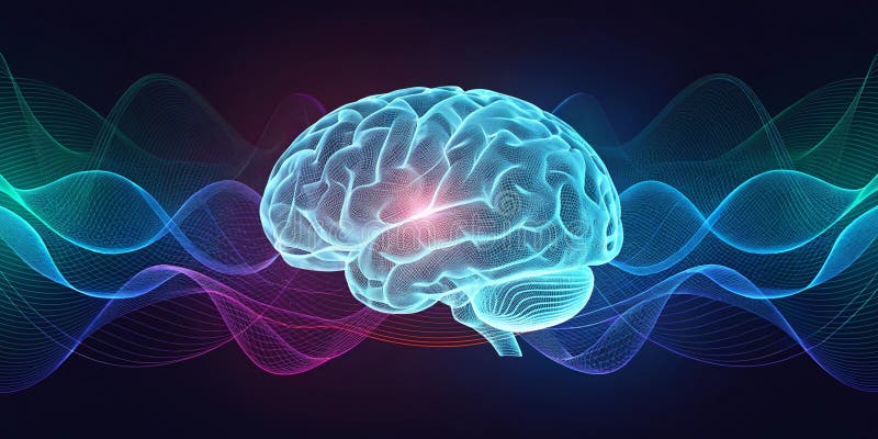 Large language model artificial intelligence optimization glowing wireframe brain with digital waves represents intelligence and royalty free illustration