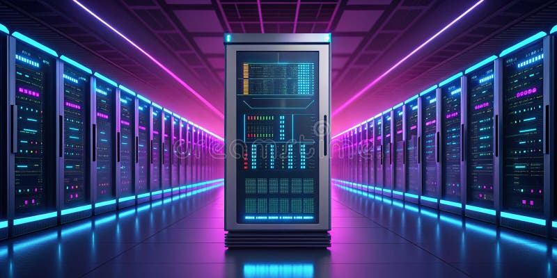 Large language model artificial intelligence optimization High tech server room with glowing racks and vibrant lights royalty free illustration
