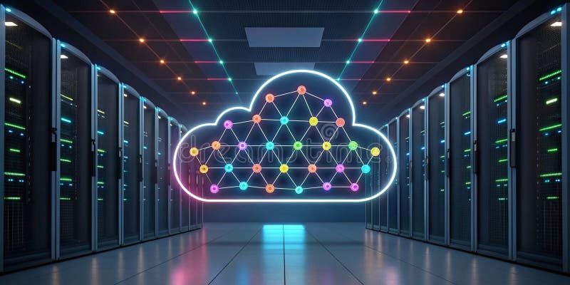 A large language model artificial intelligence optimization luminous cloud system optimizing data storage in server room, AI.