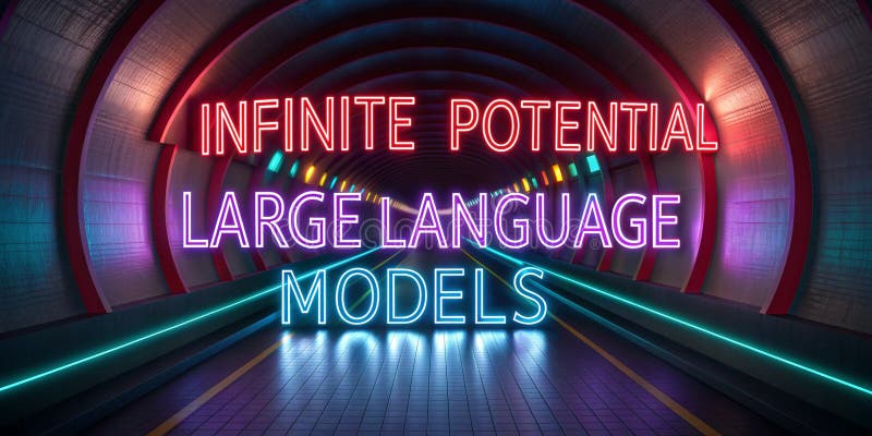 Large language model artificial intelligence optimization neon lit tunnel showcasing concept of AI and language models, vibrant vector illustration