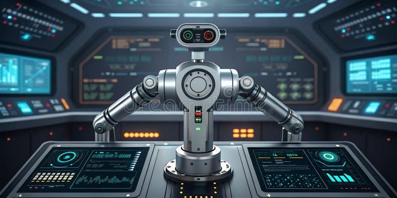 Large language model artificial intelligence optimization robotic arm adjusting parameters in futuristic control room royalty free illustration