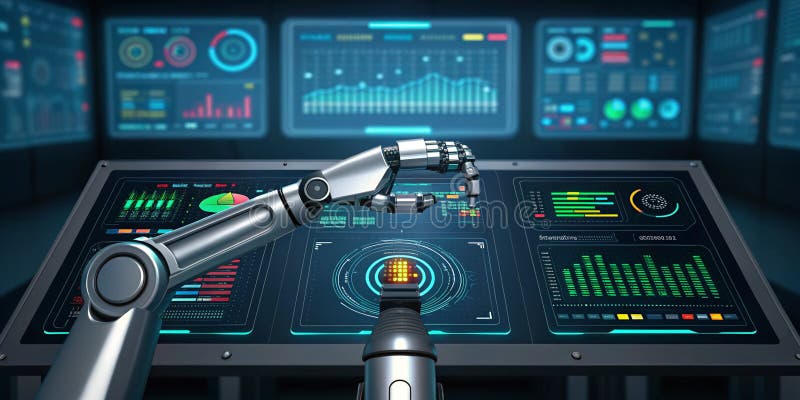 A large language model artificial intelligence optimization robotic arm adjusting parameters on high tech control panel, AI.