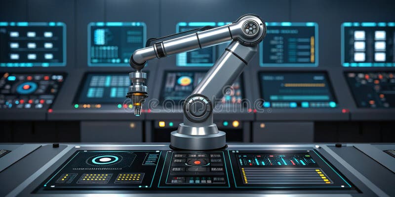 Large language model artificial intelligence optimization robotic arm adjusting parameters in high tech control room stock illustration