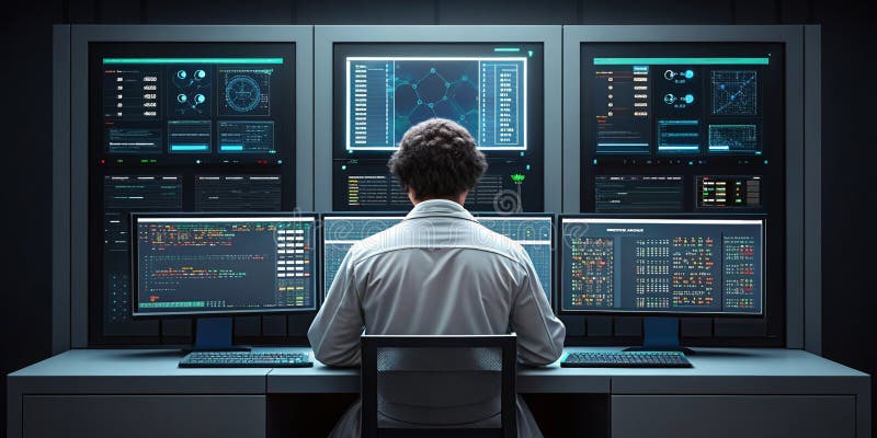 Large language model artificial intelligence optimization scientist analyzing data on multiple screens in modern lab stock illustration