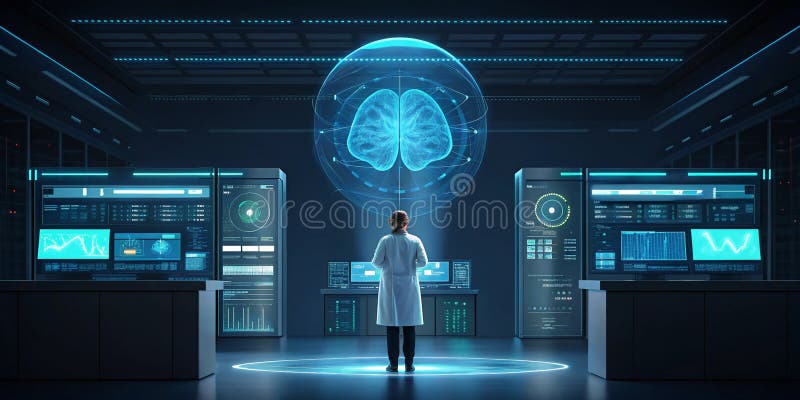 Large language model artificial intelligence optimization scientist observing floating AI hologram of brain in lab royalty free illustration