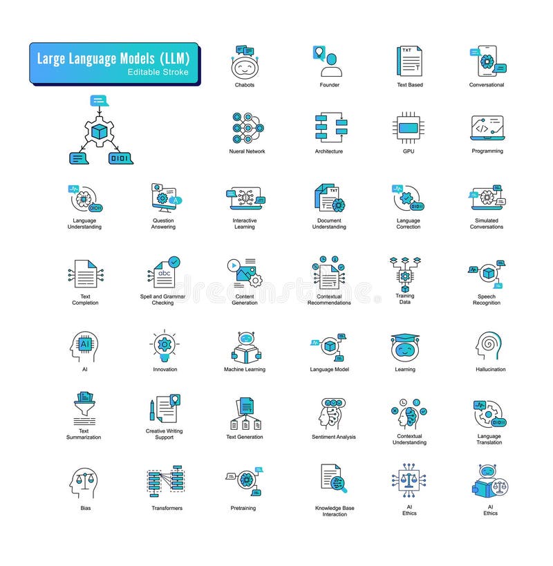 Large Language Model Icon Set: Vector Line Icons for AI Concepts. AI language model, Natural language processing, Text generation stock illustration