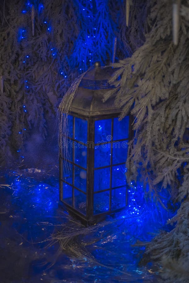 A Large Lantern with Christmas Lights Stock Photo Image of blur