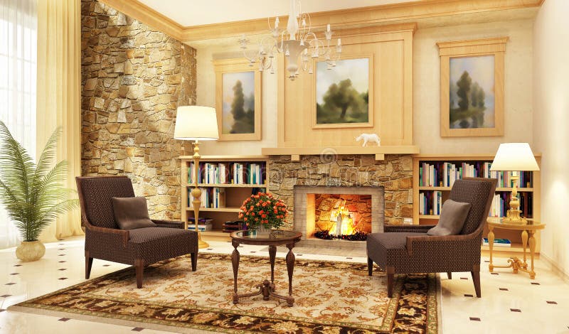 Large living room interior design with fireplace and armchairs