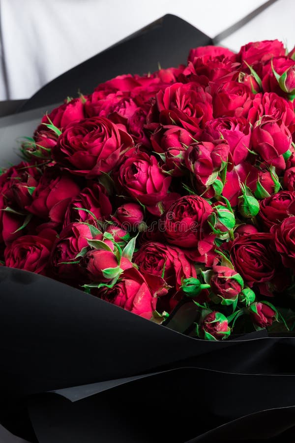 A Large Lush Bouquet of Red Garden Roses and Buds in Black Wrapping Paper,  a Stylish Stock Photo - Image of garden, blossom: 147364360