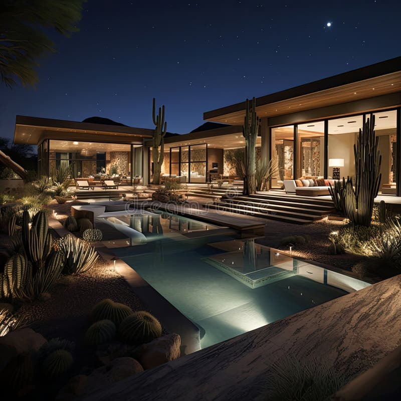 large, luxurious, backyard of home in the desert of arizona, agave, modern, lighting, night, pool, spa , generated by AI