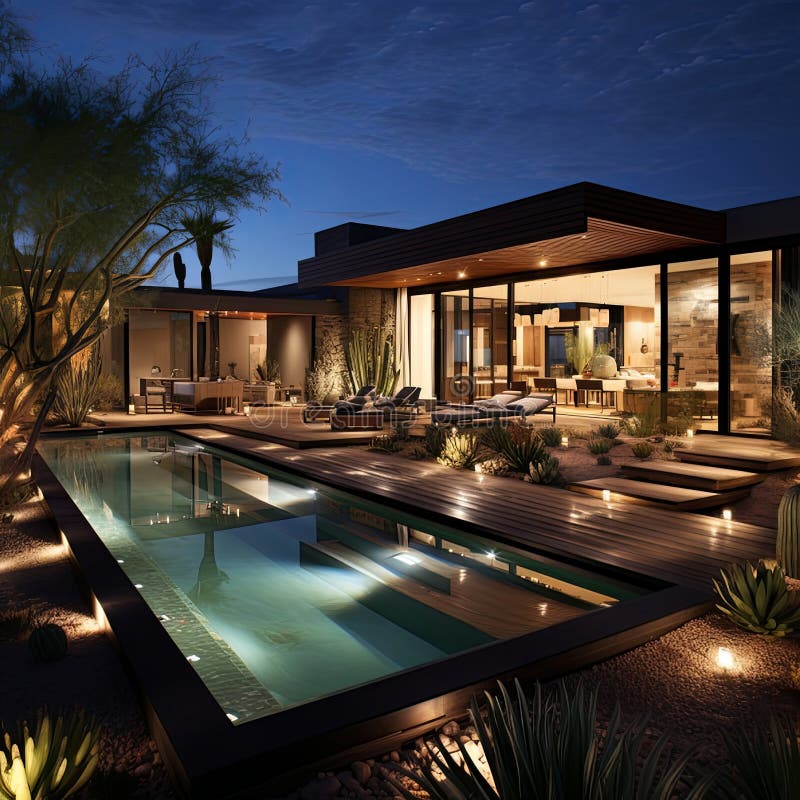 large, luxurious, backyard of home in the desert of arizona, agave, modern, lighting, night, pool, spa , generated by AI