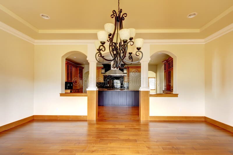 Large luxury dining room interior with kitchen and arch.