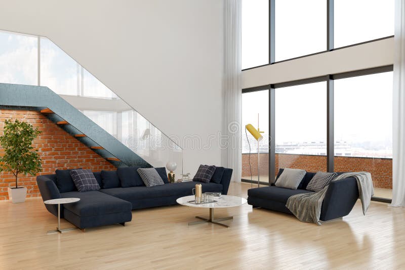 Large luxury modern minimal bright interiors room mockup illustration 3D rendering