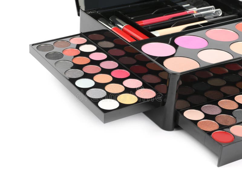 Large Makeup Case with Different Decorative Cosmetics on White