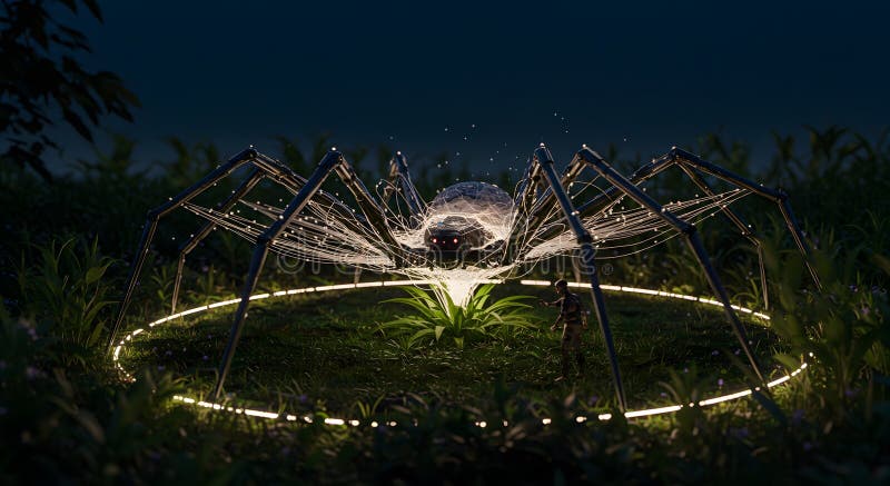 Gigantic Mechanical Spider in Nighttime Forest Enchanting Digital Art royalty free illustration