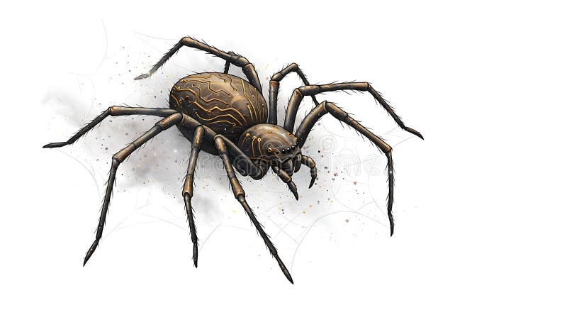 Large, mechanical spider illustration with a metallic body featuring intricate royalty free illustration