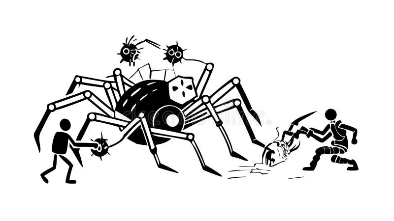 Large mechanical spider pursuing people, dystopian future, vector design Generative AI royalty free illustration