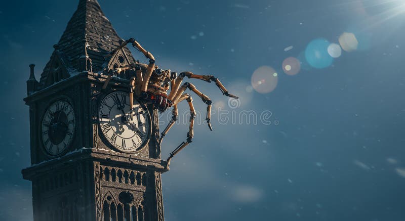 Giant mechanical spider perched on a clock tower under a clear sky with sunlight glimmering off its metallic surface. Generative royalty free illustration