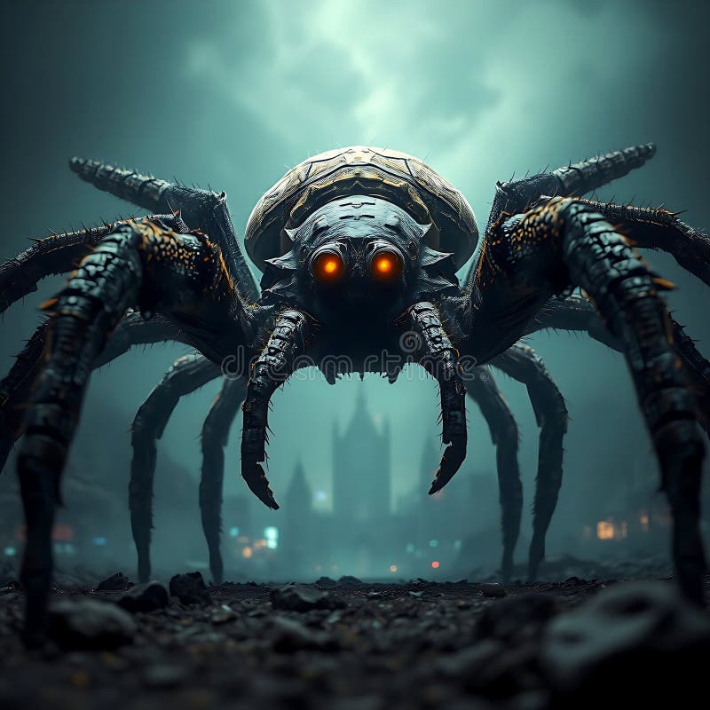 A large, menacing, mechanical spider dominates the image vector illustration