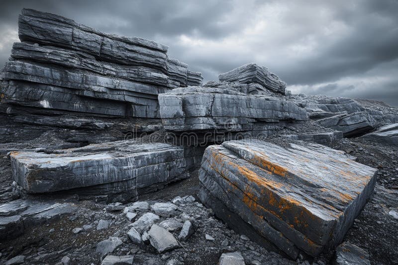 Large mineral formations with distinct layering and textures under a dramatic sky in a mountainous landscape royalty free stock photos