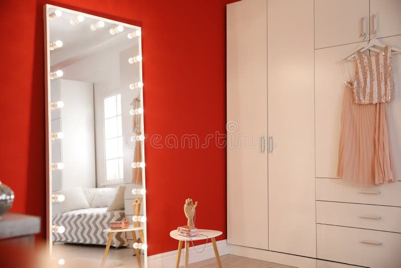 Large Mirror with Light Bulbs in Room Interior Stock Image Image of