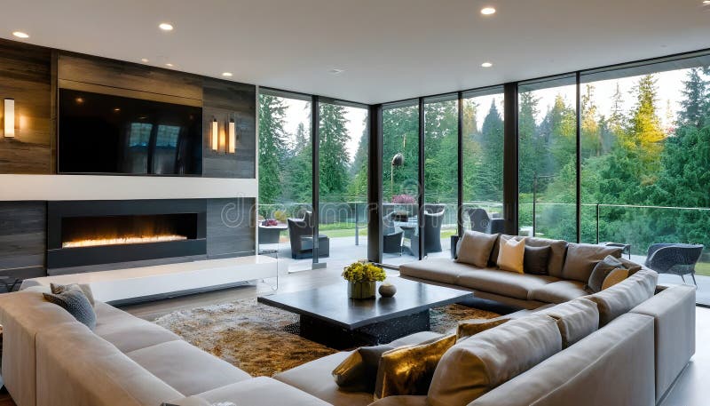 Large Modern Luxury Living Room Interior in Bellevue Home. Stock Image ...