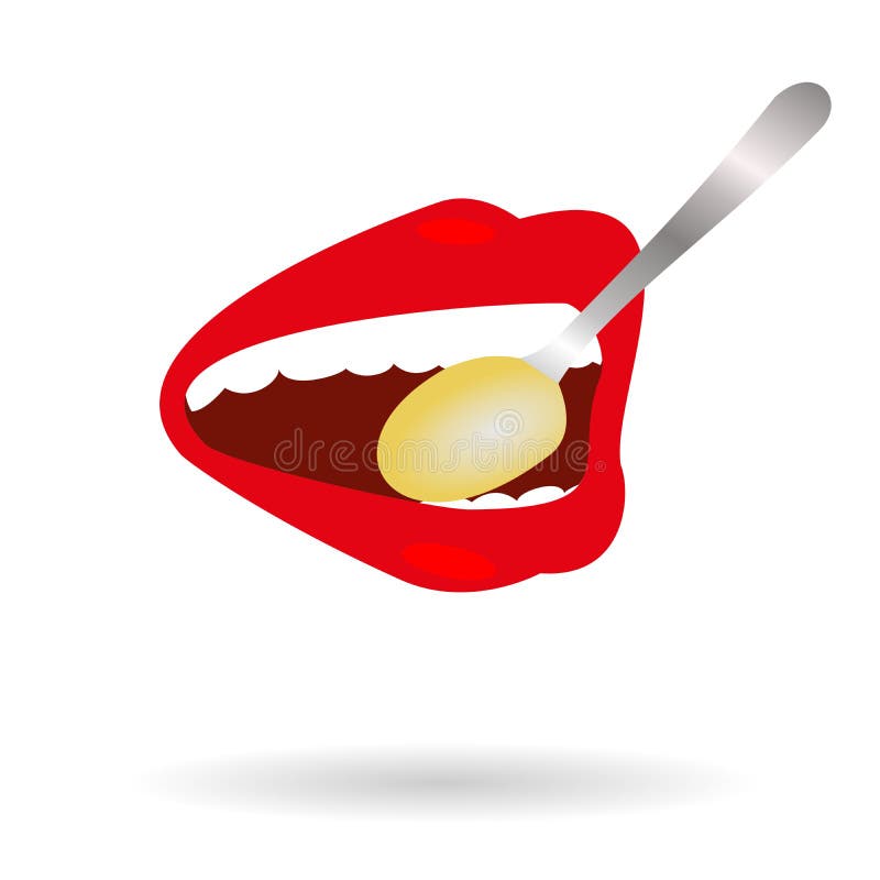 Large Mouth with Red Lips Eat a Soup. Stock Vector Illustration of