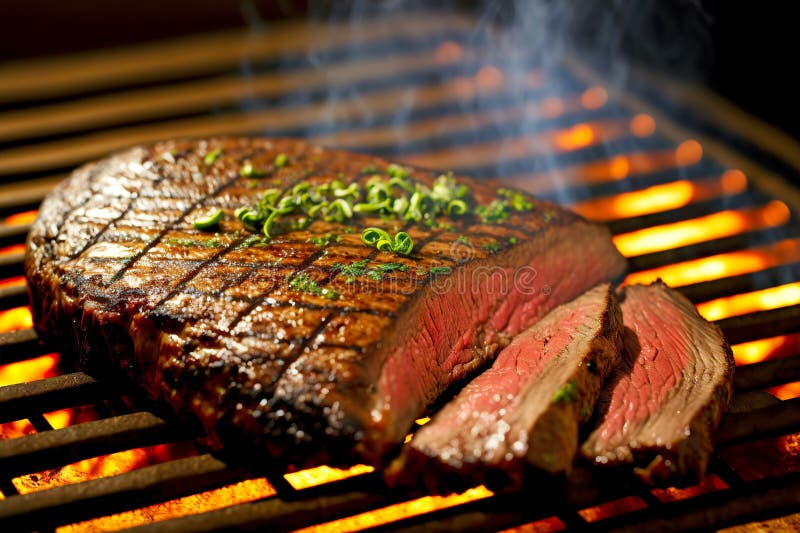 Large Mouth-watering Piece of Flank Steak Roasting on Open Fire on ...