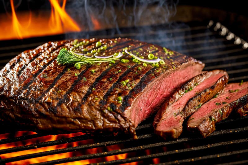 Large Mouth-watering Piece of Flank Steak Roasting on Open Fire on ...