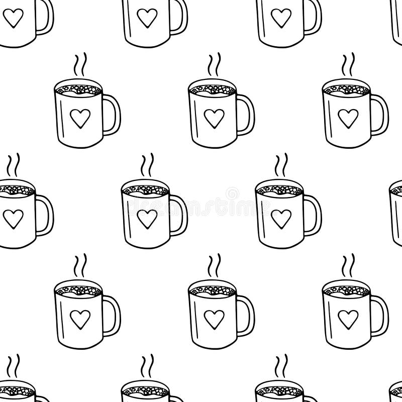 Large Mug of Coffee or Cocoa Hand-drawn. Vector Seamless Doodle Pattern