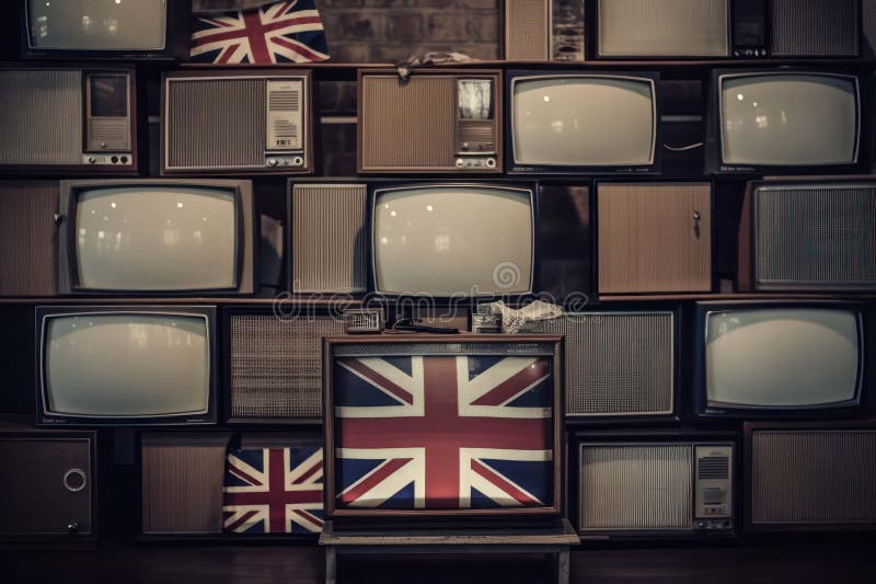 a large number of televisions with the flag of the United Kingdom of Great Britain and Northern Ireland on the screens are tuned to the channel broadcasting the coronation in Britain. Generative AI. a large number of televisions with the flag of the United Kingdom of Great Britain and Northern Ireland on the screens are tuned to the channel broadcasting the coronation in Britain. Generative AI