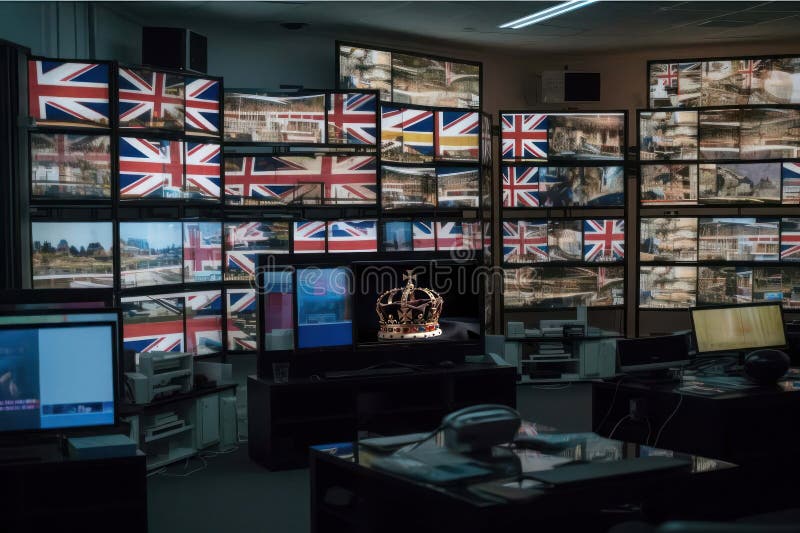 a large number of televisions with the flag of the United Kingdom of Great Britain and Northern Ireland on the screens are tuned to the channel broadcasting the coronation in Britain. Generative AI. a large number of televisions with the flag of the United Kingdom of Great Britain and Northern Ireland on the screens are tuned to the channel broadcasting the coronation in Britain. Generative AI