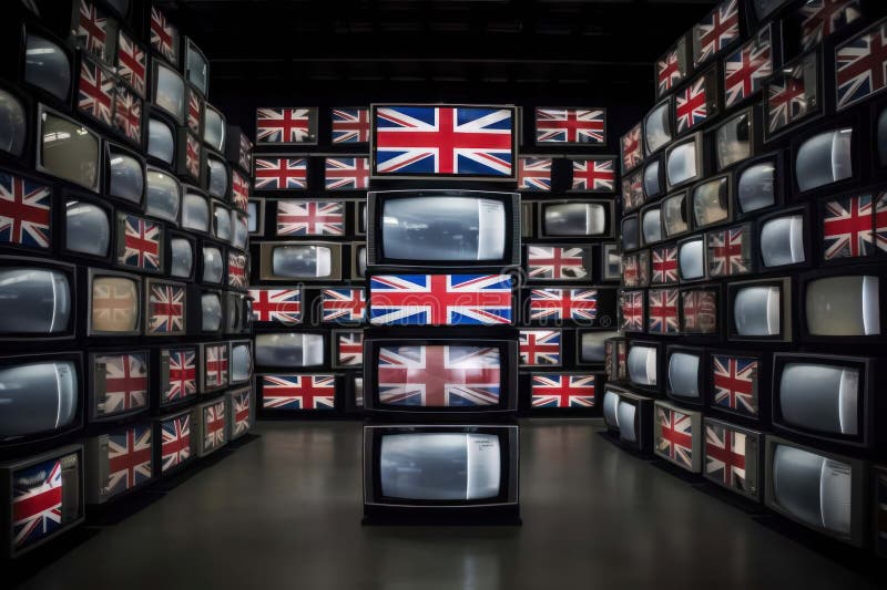 a large number of televisions with the flag of the United Kingdom of Great Britain and Northern Ireland on the screens are tuned to the channel broadcasting the coronation in Britain. Generative AI. a large number of televisions with the flag of the United Kingdom of Great Britain and Northern Ireland on the screens are tuned to the channel broadcasting the coronation in Britain. Generative AI