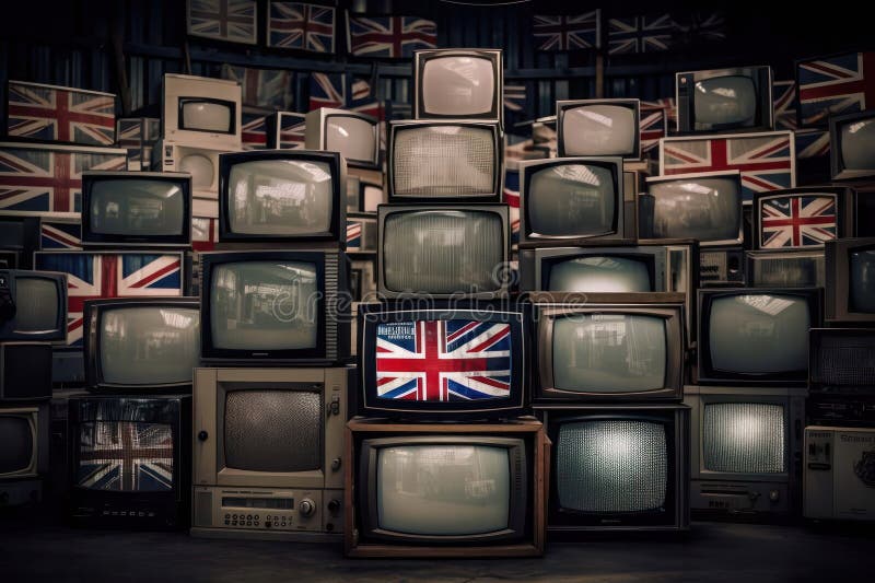 a large number of televisions with the flag of the United Kingdom of Great Britain and Northern Ireland on the screens are tuned to the channel broadcasting the coronation in Britain. Generative AI. a large number of televisions with the flag of the United Kingdom of Great Britain and Northern Ireland on the screens are tuned to the channel broadcasting the coronation in Britain. Generative AI