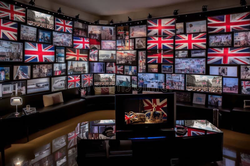 a large number of televisions with the flag of the United Kingdom of Great Britain and Northern Ireland on the screens are tuned to the channel broadcasting the coronation in Britain.Generative AI. a large number of televisions with the flag of the United Kingdom of Great Britain and Northern Ireland on the screens are tuned to the channel broadcasting the coronation in Britain.Generative AI