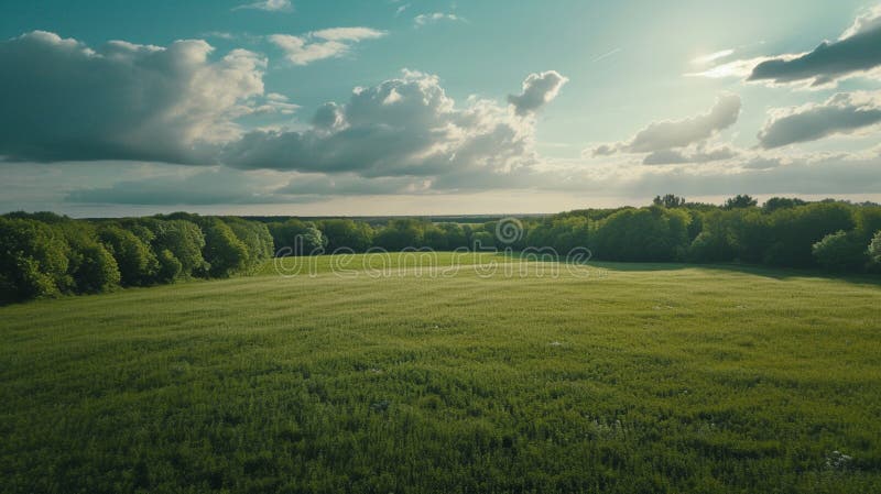 A large, open field with a few trees in the background. Generative AI stock illustration