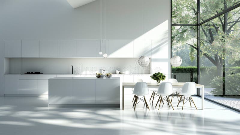 A large, open kitchen with a white counter and white cabinets. Generative AI vector illustration