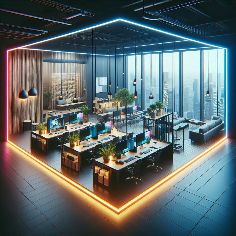 A large open office with a lot of desks and computers stock illustration