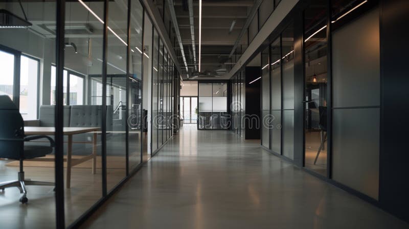 A large open office space with a lot of glass windows and a lot of chairs. Generative AI vector illustration