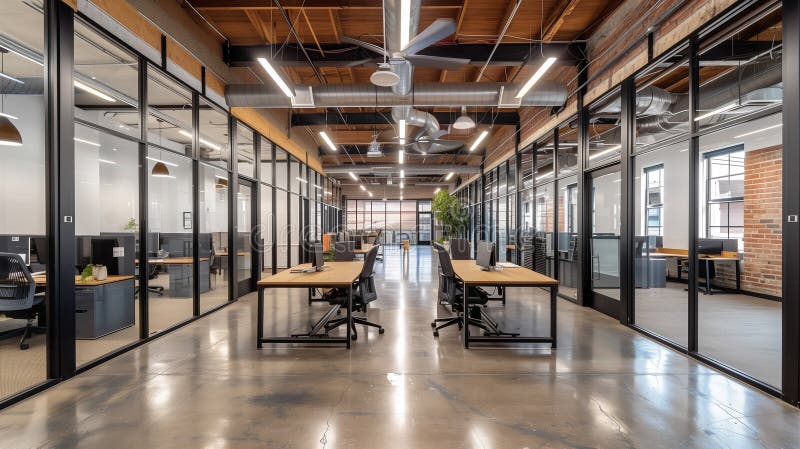 A large open office space with a lot of natural light and a few potted plants. Generative AI stock illustration