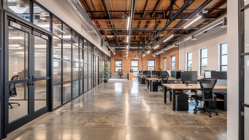 A large open office space with a lot of windows and a lot of chairs. Generative AI vector illustration