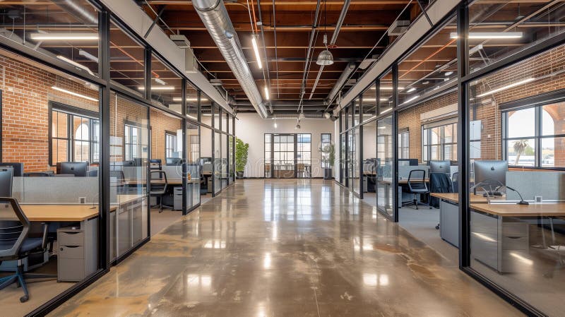 A large open office space with a lot of windows and a lot of chairs. Generative AI vector illustration