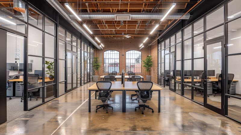 A large open office space with a lot of windows and a lot of chairs. Generative AI vector illustration