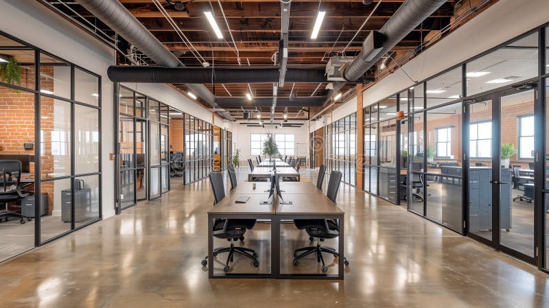 A large open office space with a lot of windows and a lot of chairs. Generative AI stock illustration