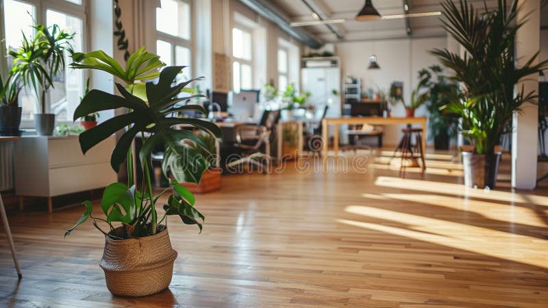 A large open office space with a potted plant in the middle. Generative AI vector illustration
