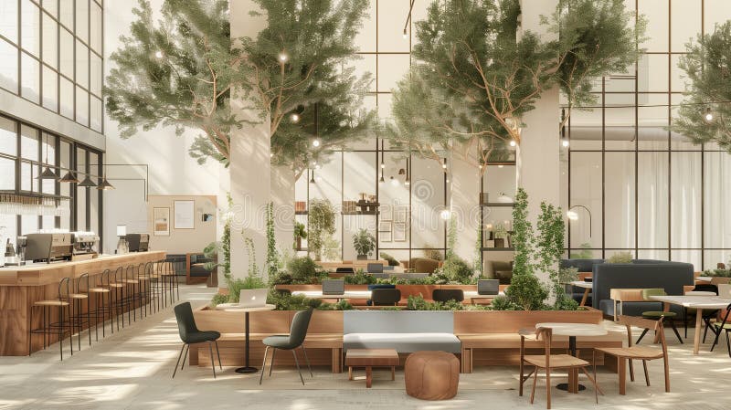A large open space with a lot of greenery and seating. Generative AI stock illustration
