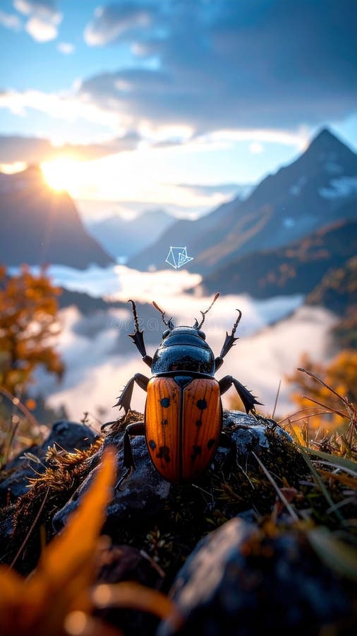 Large orange beetle on mountain landscape royalty free illustration