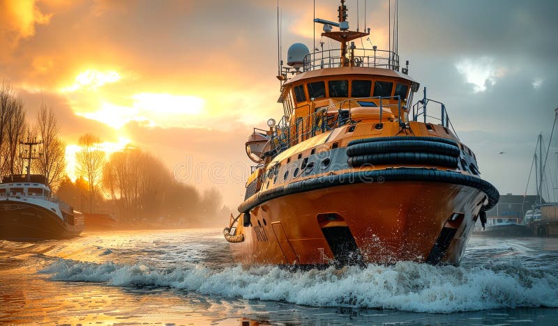 A large orange boat is sailing on a river. The sky is orange and the water is calm stock image